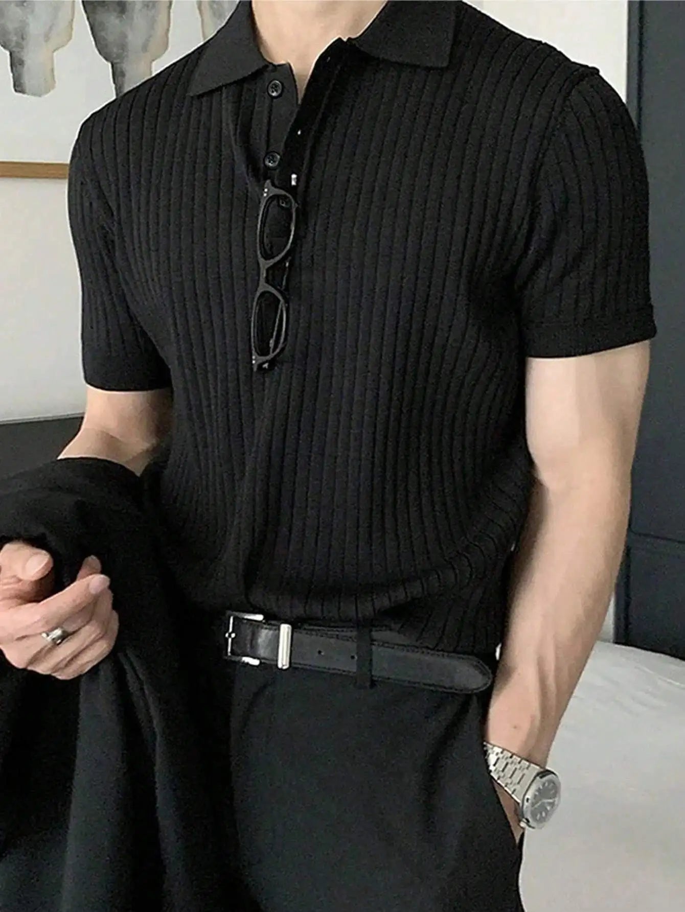 Manfinity Homme Solid Ribbed Knit Shirt